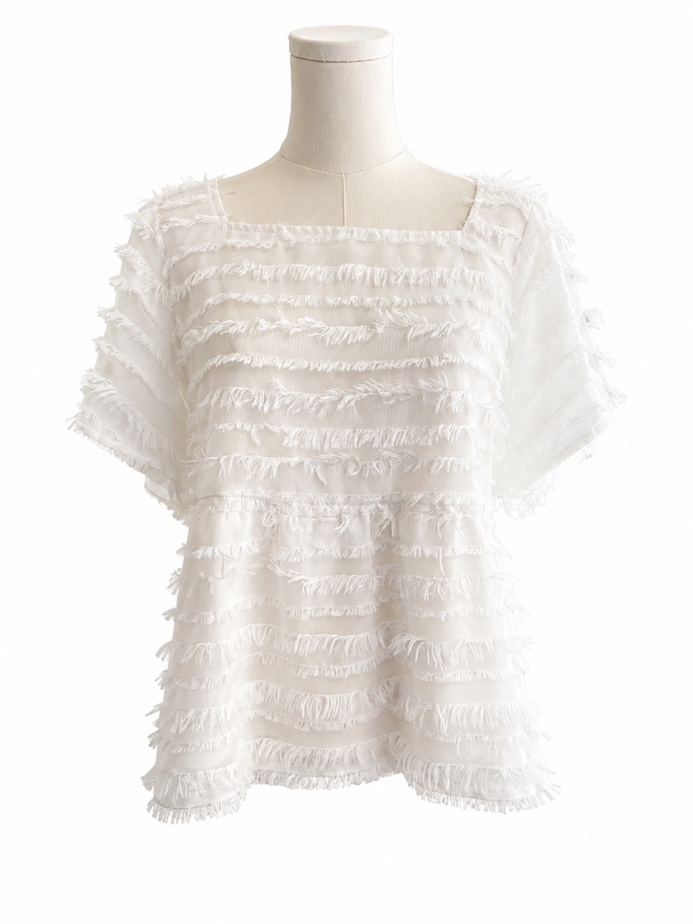 Polagram White Fringe Square-Neck Blouse